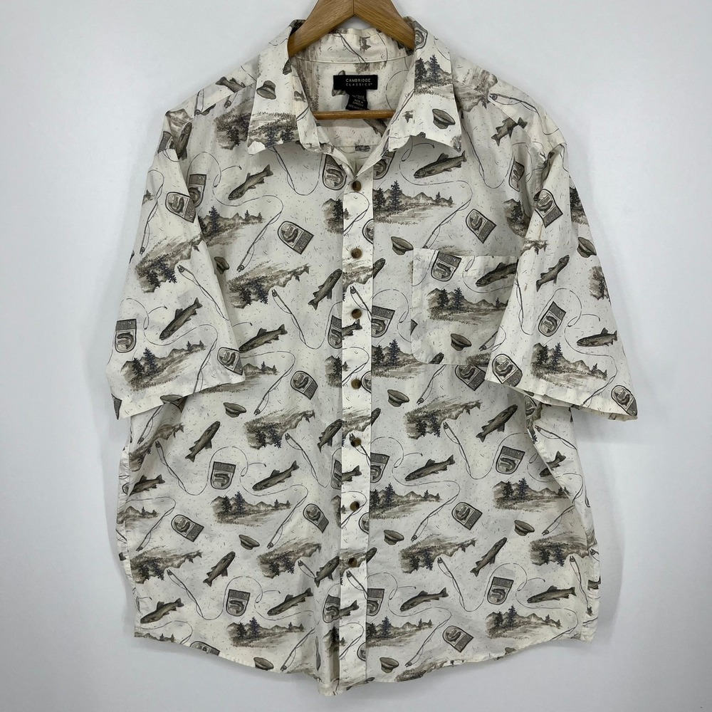 Cambridge Classics Mens XXL White Cotton Short Sleeve Fishing Print Button Shirt